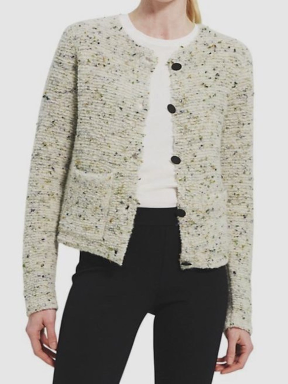 Theory Merino Wool Bouclé Tweed Cardigan Jacket XS P Cream Multi